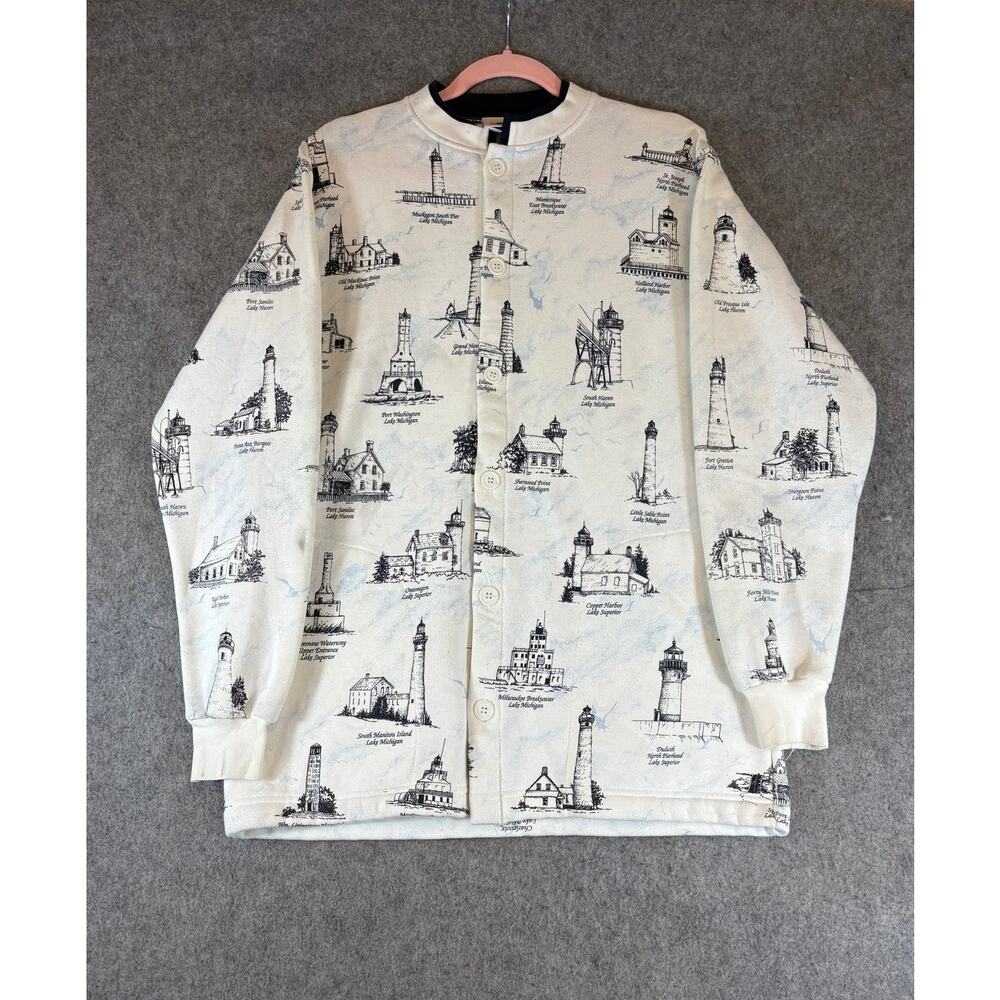 VINTAGE 90s Art Unlimited Lighthouse Cardigan Mens Medium White AOP Sweatshirt